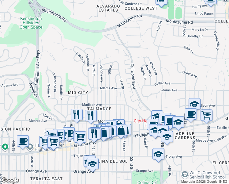 map of restaurants, bars, coffee shops, grocery stores, and more near 4682 Altadena Ave. in San Diego