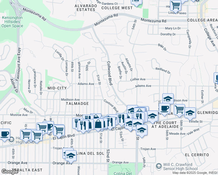 map of restaurants, bars, coffee shops, grocery stores, and more near 4102 Collwood Lane in San Diego
