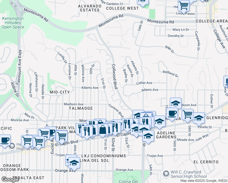 map of restaurants, bars, coffee shops, grocery stores, and more near 4304 Collwood Lane in San Diego