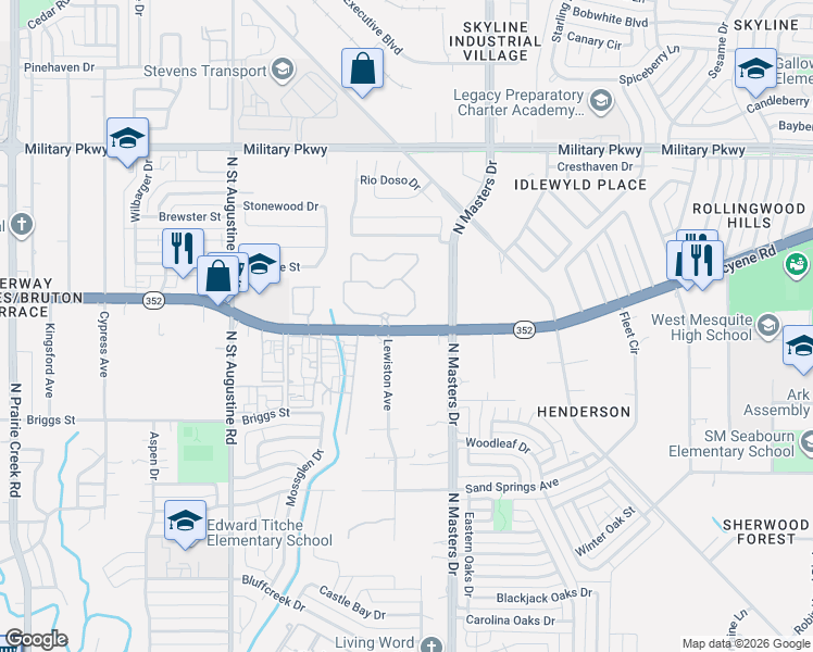 map of restaurants, bars, coffee shops, grocery stores, and more near 9901 Scyene Road in Dallas