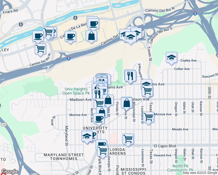 map of restaurants, bars, coffee shops, grocery stores, and more near 7255 Georgia Street in San Diego