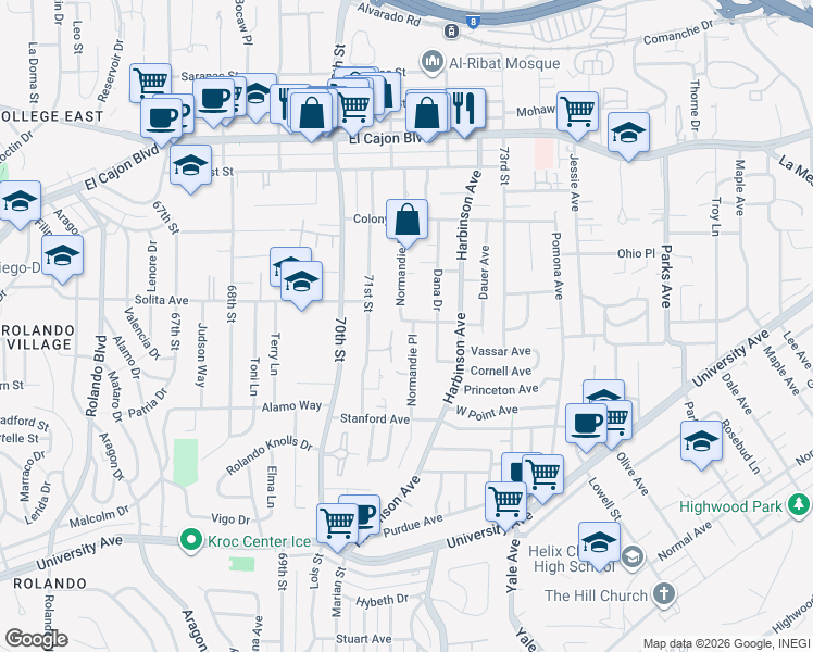map of restaurants, bars, coffee shops, grocery stores, and more near 4594 Normandie Place in La Mesa