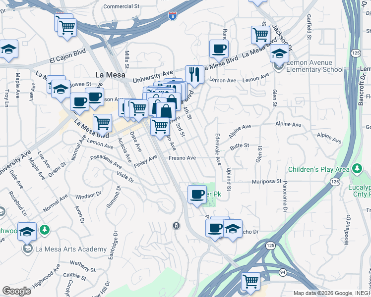 map of restaurants, bars, coffee shops, grocery stores, and more near 4584 3rd Street in La Mesa