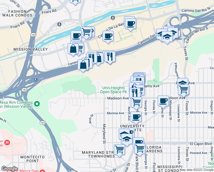 map of restaurants, bars, coffee shops, grocery stores, and more near 1414 Franciscan Way in San Diego