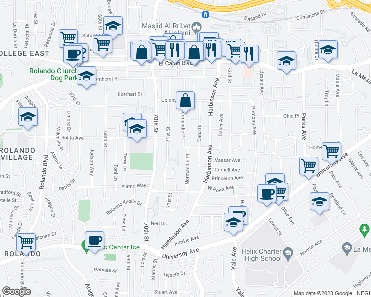 map of restaurants, bars, coffee shops, grocery stores, and more near 4594 Normandie Place in La Mesa