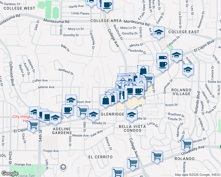 map of restaurants, bars, coffee shops, grocery stores, and more near 4692 60th Street in San Diego