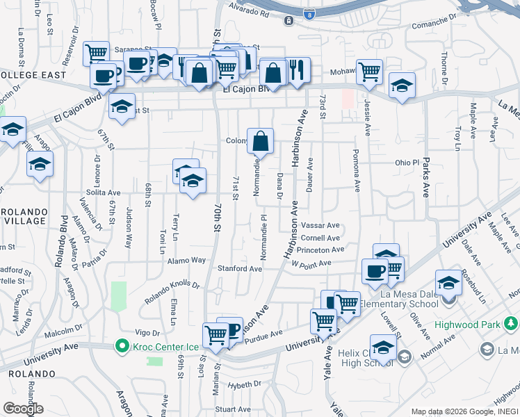 map of restaurants, bars, coffee shops, grocery stores, and more near 4594 Normandie Place in La Mesa