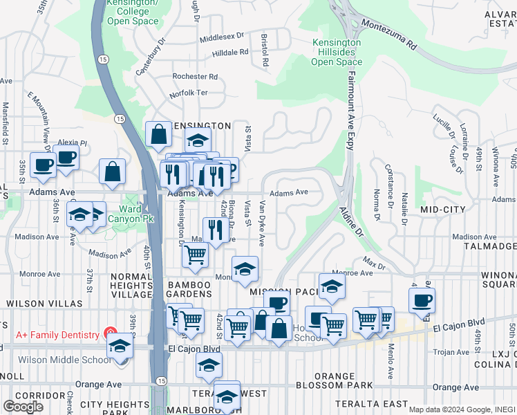 map of restaurants, bars, coffee shops, grocery stores, and more near 4668 Van Dyke Avenue in San Diego
