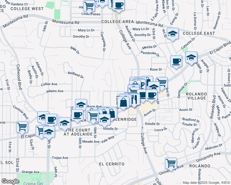 map of restaurants, bars, coffee shops, grocery stores, and more near 4703 59th Street in San Diego