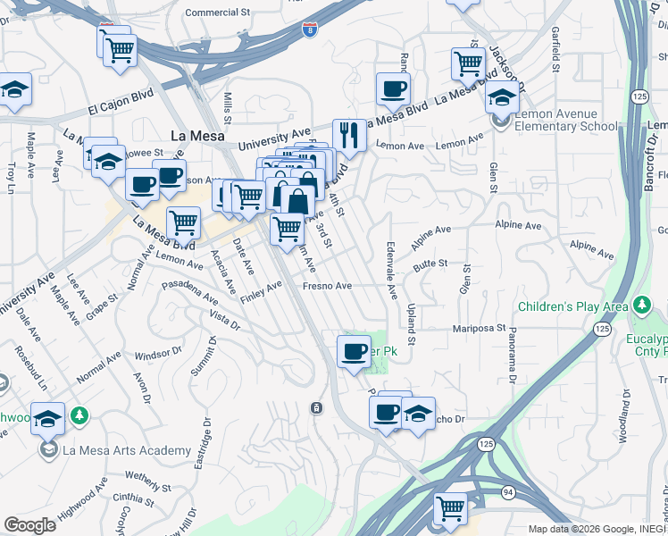 map of restaurants, bars, coffee shops, grocery stores, and more near 4584 3rd Street in La Mesa