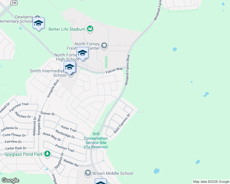 map of restaurants, bars, coffee shops, grocery stores, and more near 3010 Zapta Road in Forney