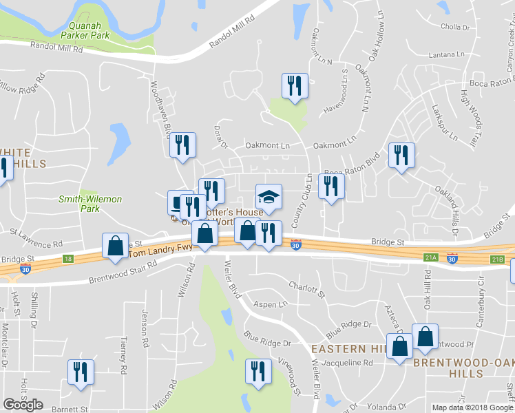 map of restaurants, bars, coffee shops, grocery stores, and more near 5612 Cotswold Hills Drive in Fort Worth