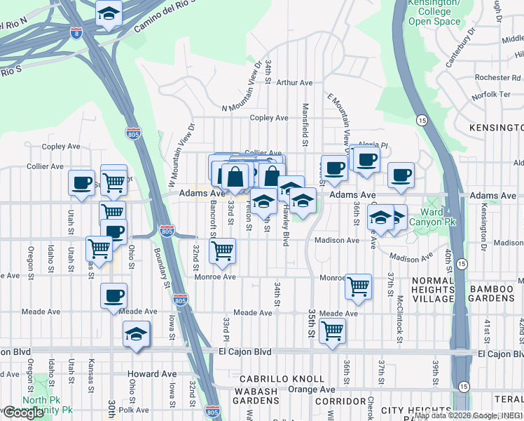 map of restaurants, bars, coffee shops, grocery stores, and more near 4664 34th Street in San Diego
