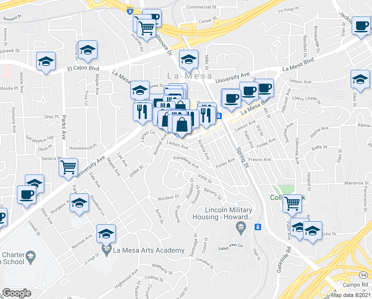 map of restaurants, bars, coffee shops, grocery stores, and more near 8072 Fairview Avenue in La Mesa