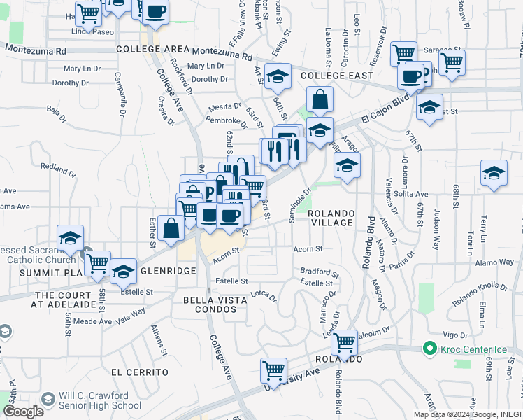 map of restaurants, bars, coffee shops, grocery stores, and more near 2 63rd Street in San Diego