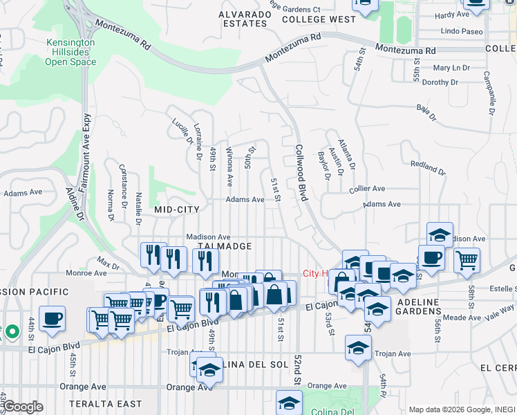 map of restaurants, bars, coffee shops, grocery stores, and more near 4703 Altadena Avenue in San Diego