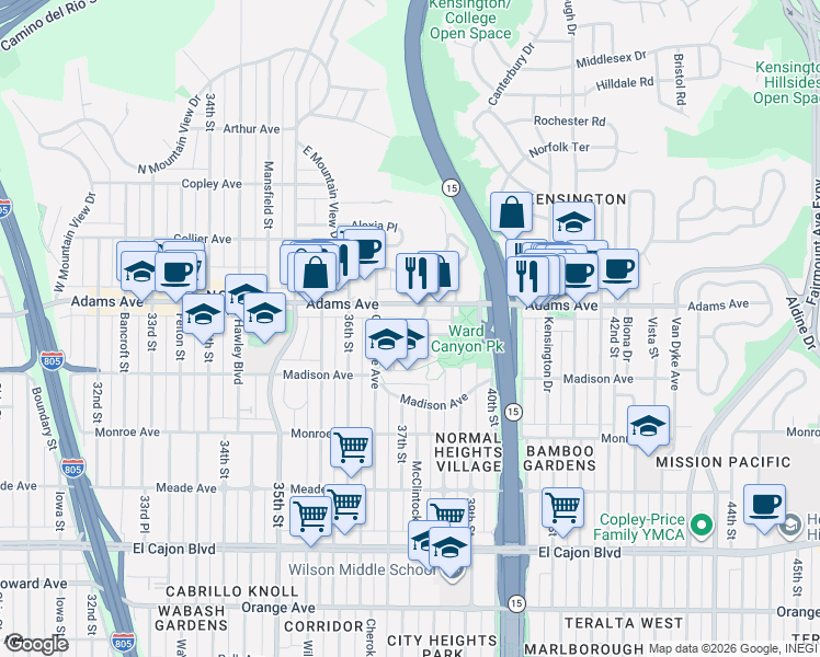 map of restaurants, bars, coffee shops, grocery stores, and more near 4688 East Mountain View Drive in San Diego
