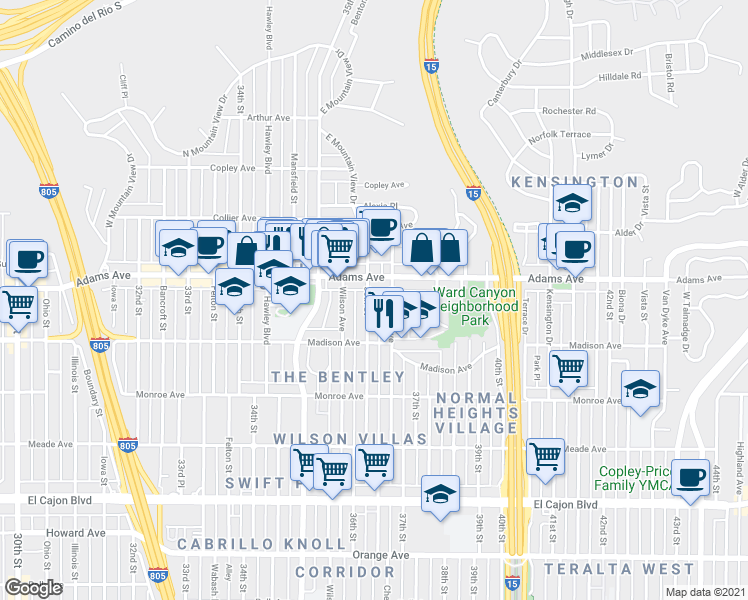 map of restaurants, bars, coffee shops, grocery stores, and more near 3585 Adams Avenue in San Diego