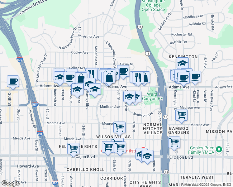 map of restaurants, bars, coffee shops, grocery stores, and more near 3585 Adams Avenue in San Diego