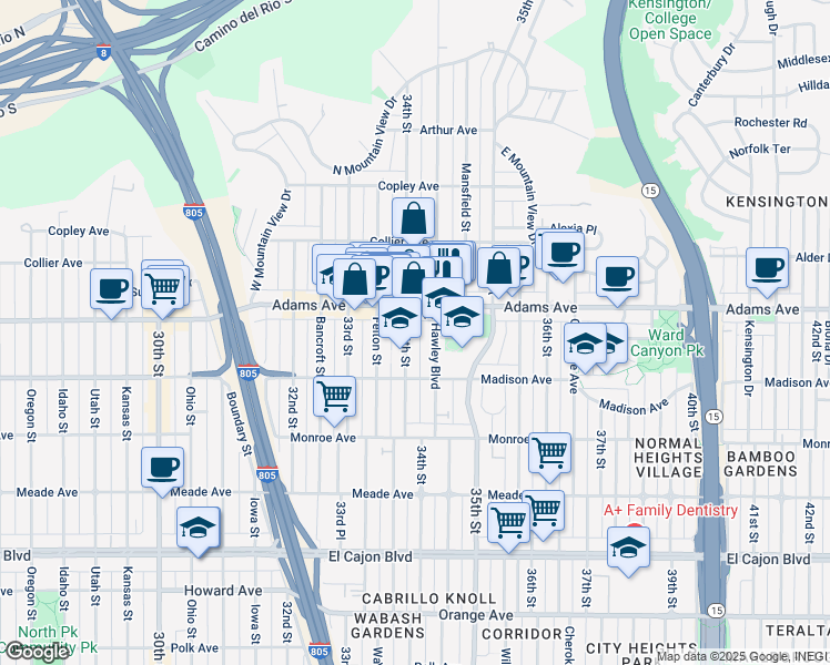 map of restaurants, bars, coffee shops, grocery stores, and more near in San Diego