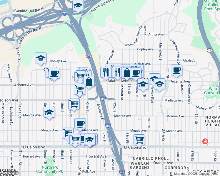 map of restaurants, bars, coffee shops, grocery stores, and more near 3165 Adams Avenue in San Diego