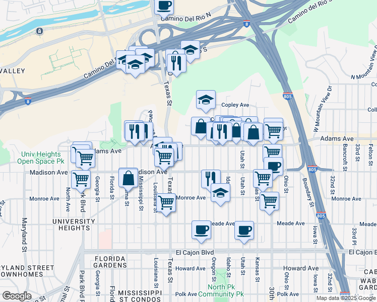 map of restaurants, bars, coffee shops, grocery stores, and more near 2 Adams Avenue in San Diego