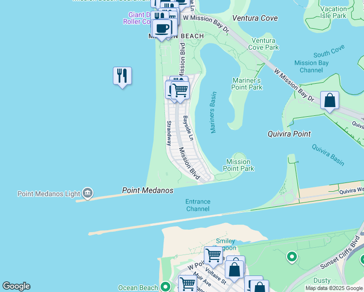 map of restaurants, bars, coffee shops, grocery stores, and more near in San Diego