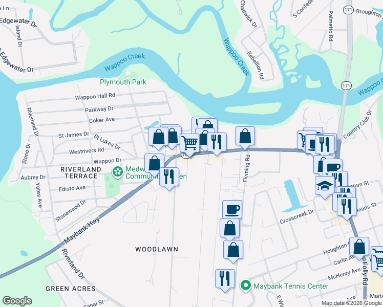 map of restaurants, bars, coffee shops, grocery stores, and more near 1983 Frampton Avenue in Charleston