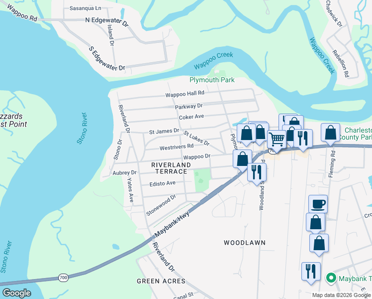 map of restaurants, bars, coffee shops, grocery stores, and more near 2128 Westrivers Road in Charleston