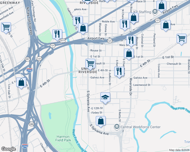 map of restaurants, bars, coffee shops, grocery stores, and more near 300 Paradise Street in Fort Worth