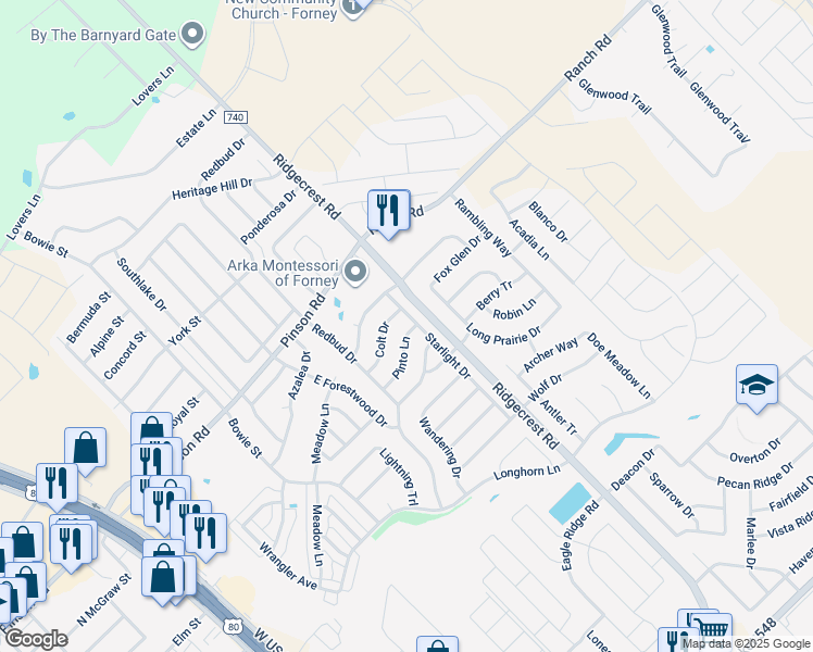map of restaurants, bars, coffee shops, grocery stores, and more near 528 Pinto Lane in Forney