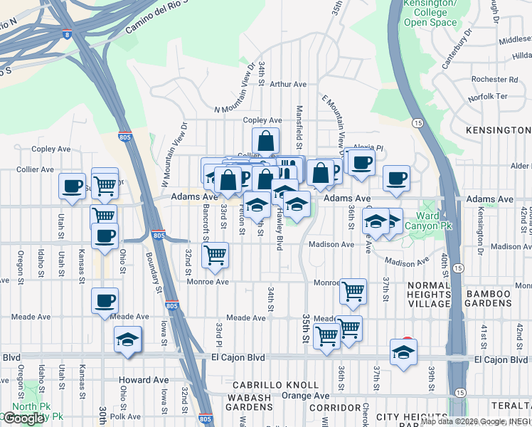 map of restaurants, bars, coffee shops, grocery stores, and more near in San Diego