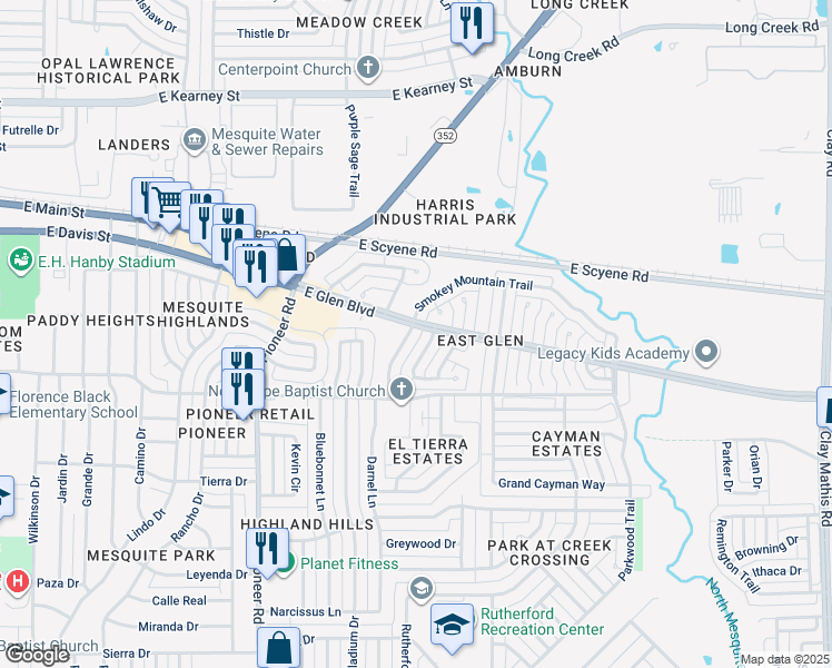 map of restaurants, bars, coffee shops, grocery stores, and more near 404 Seminary Ridge in Mesquite