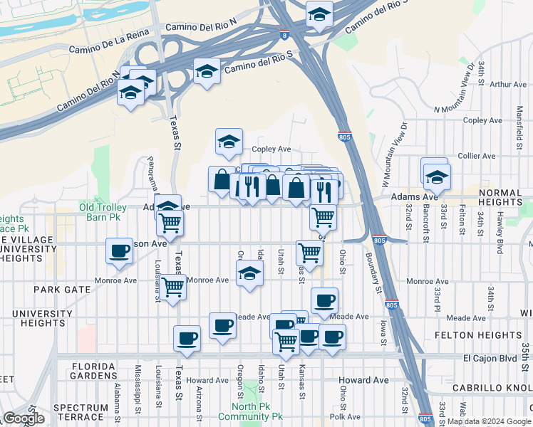 map of restaurants, bars, coffee shops, grocery stores, and more near 4677 Idaho Street in San Diego
