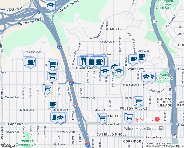 map of restaurants, bars, coffee shops, grocery stores, and more near in San Diego