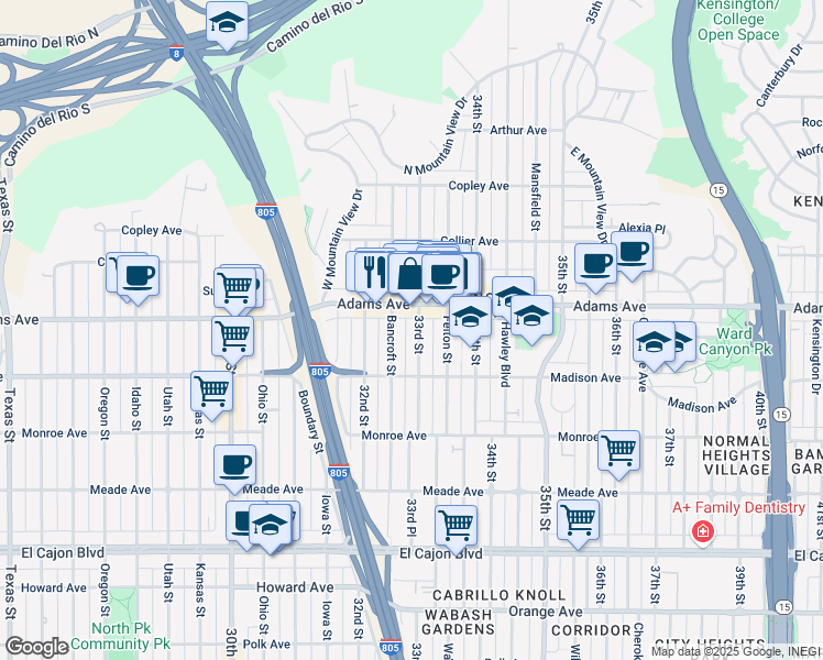 map of restaurants, bars, coffee shops, grocery stores, and more near in San Diego