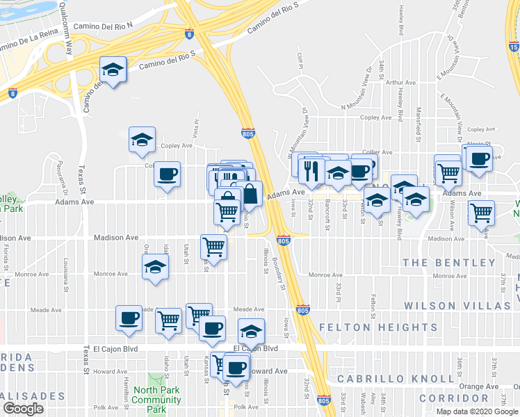 map of restaurants, bars, coffee shops, grocery stores, and more near 4674 Boundary Street in San Diego
