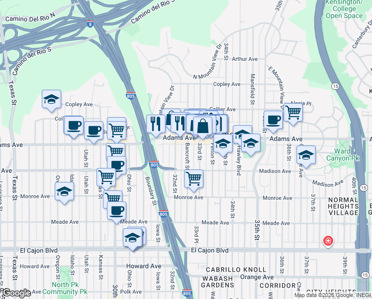 map of restaurants, bars, coffee shops, grocery stores, and more near 4662 Bancroft Street in San Diego