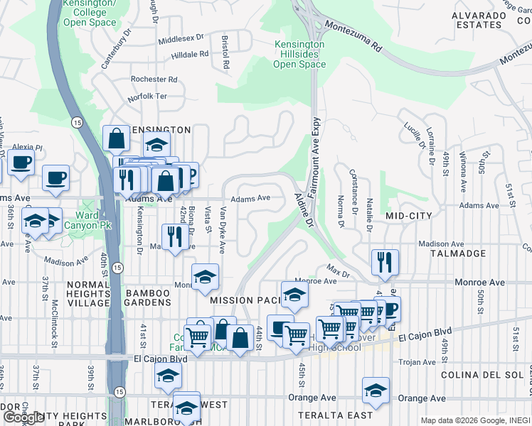 map of restaurants, bars, coffee shops, grocery stores, and more near 4653 East Talmadge Drive in San Diego