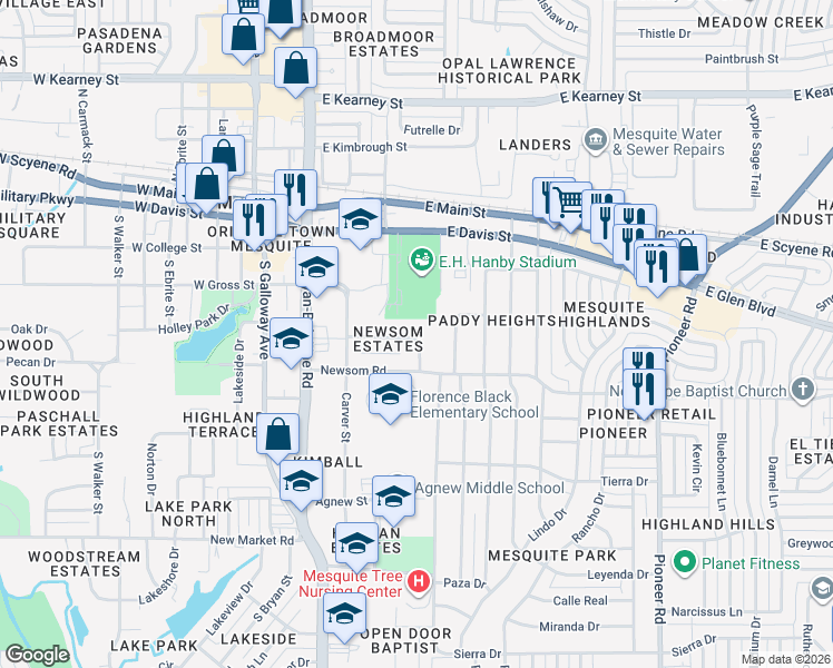 map of restaurants, bars, coffee shops, grocery stores, and more near 417 East Holley Street in Mesquite