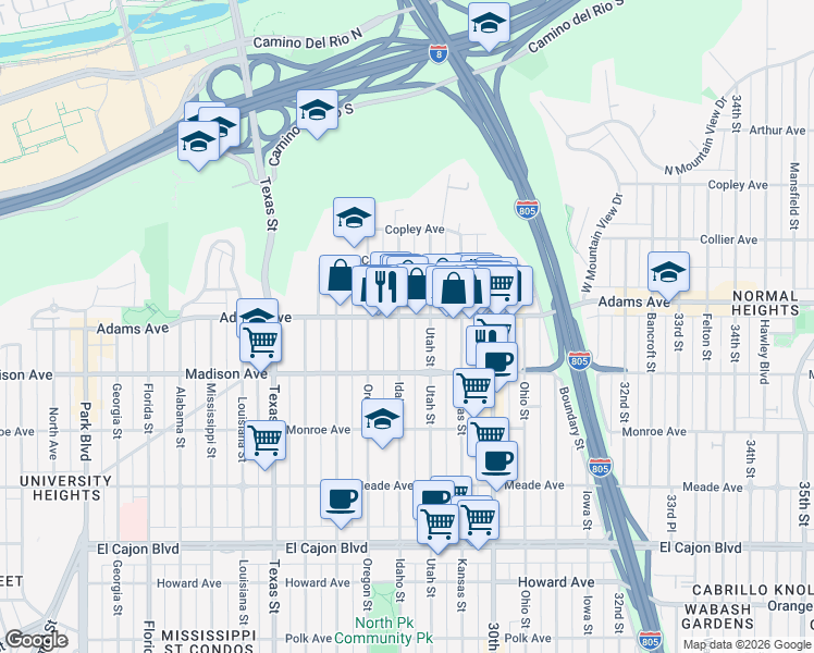 map of restaurants, bars, coffee shops, grocery stores, and more near 4677 Idaho Street in San Diego