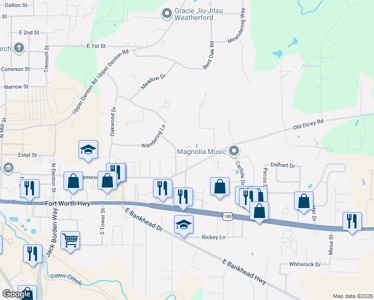 map of restaurants, bars, coffee shops, grocery stores, and more near 431 Emerald Way in Weatherford