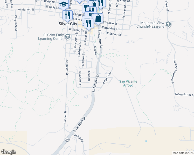 map of restaurants, bars, coffee shops, grocery stores, and more near 201 East Daniel Street in Silver City