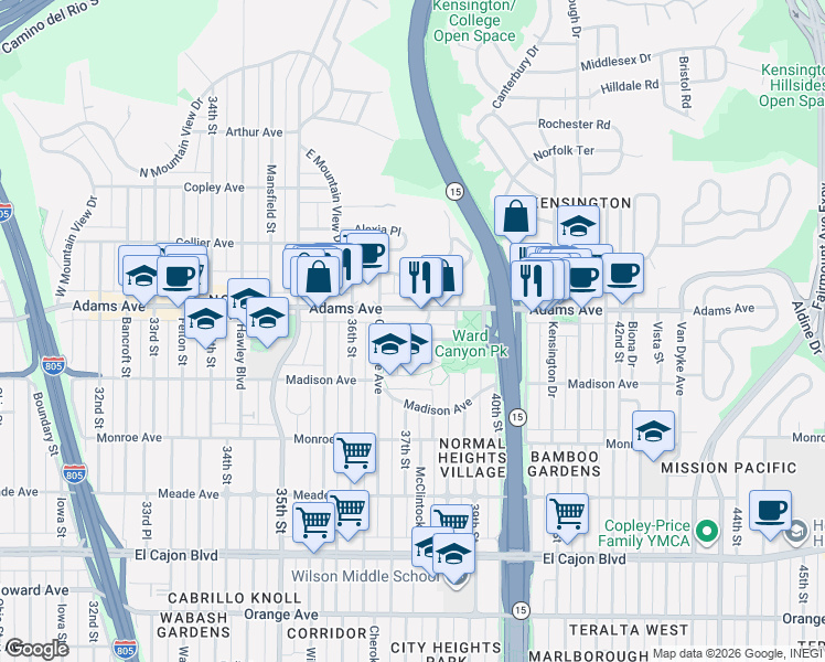 map of restaurants, bars, coffee shops, grocery stores, and more near 4688 East Mountain View Drive in San Diego