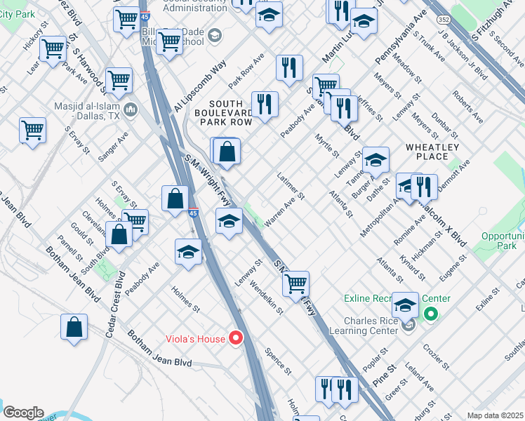 map of restaurants, bars, coffee shops, grocery stores, and more near 3333 Edgewood Street in Dallas