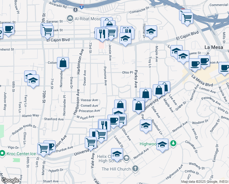 map of restaurants, bars, coffee shops, grocery stores, and more near 4626 Jessie Avenue in La Mesa