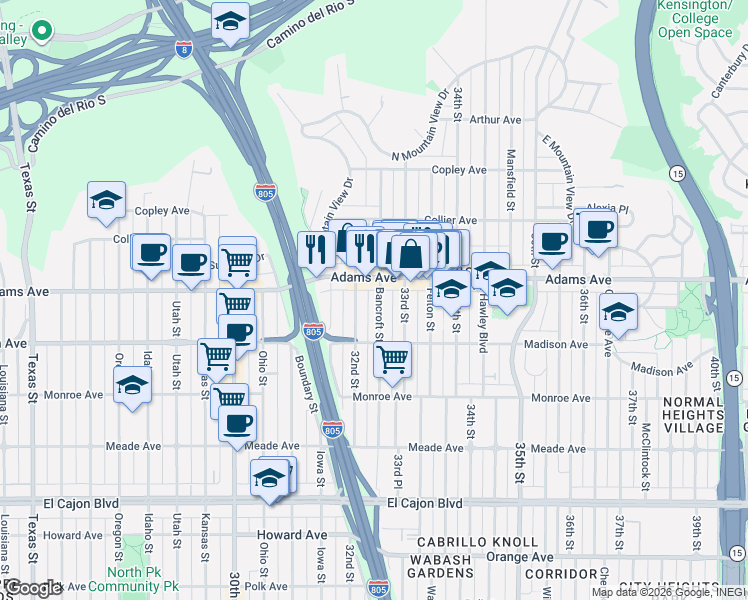 map of restaurants, bars, coffee shops, grocery stores, and more near 4662 Bancroft Street in San Diego