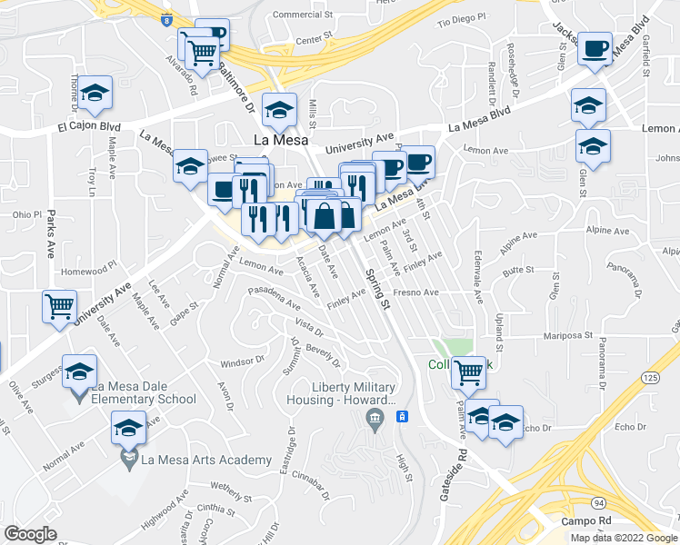 map of restaurants, bars, coffee shops, grocery stores, and more near 4641 Date Avenue in La Mesa