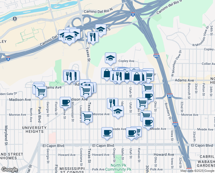 map of restaurants, bars, coffee shops, grocery stores, and more near 2520 Adams Avenue in San Diego