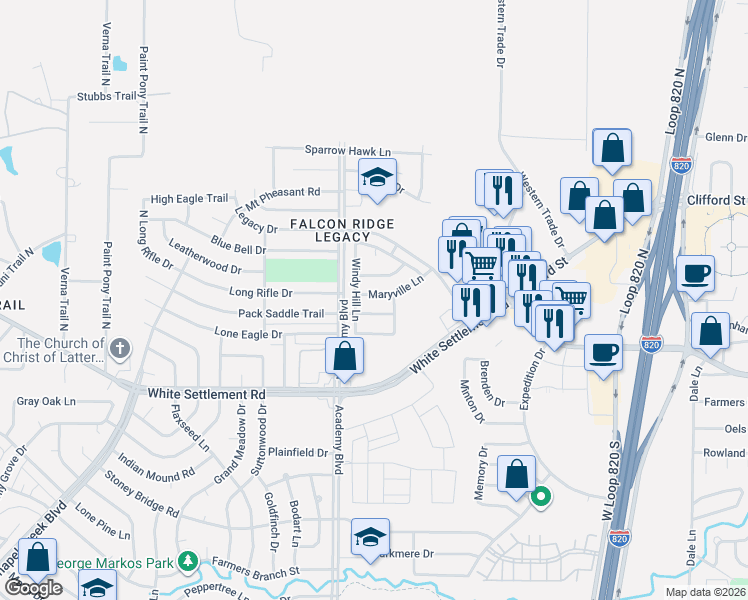 map of restaurants, bars, coffee shops, grocery stores, and more near 9816 Maryville Lane in Fort Worth